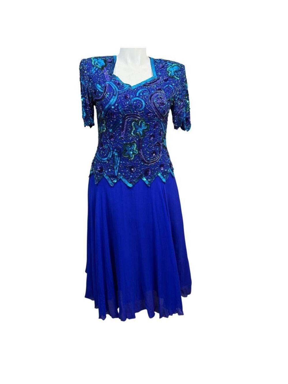 Vintage Brilliante by J.A. Silk Beaded Sequin Evening Gown Blue Purple Green Wom